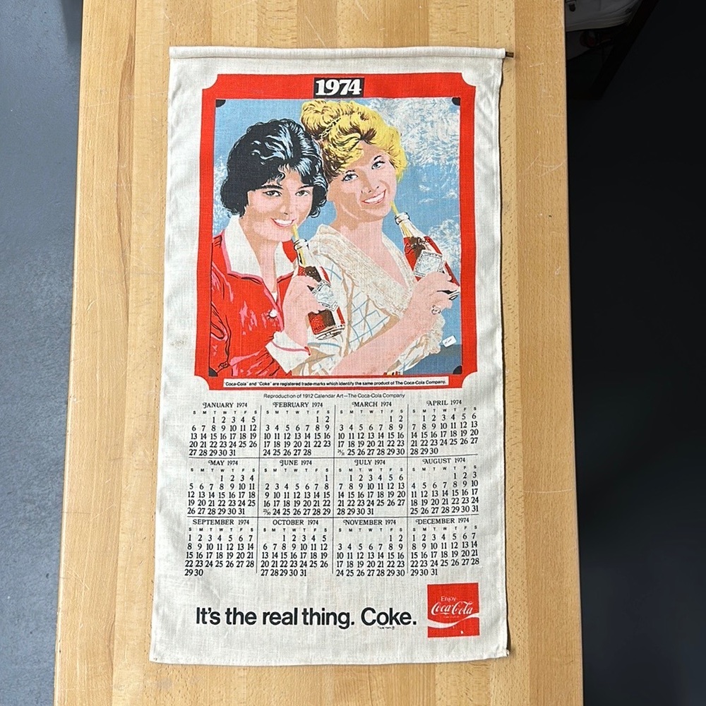 Vintage 1974 Coca Cola Cloth Linen Calendar Excellent Condition.